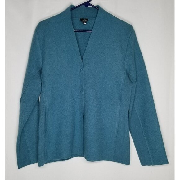 eileen fisher boiled wool Teal Coat 3 snap Closure ribbed sides size small - Picture 1 of 16
